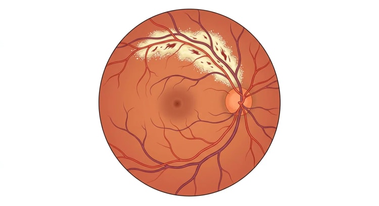 Augenhintergrund mit einem gelblich-weißen nekrotischen Netzhautareal mit dunkelroten Blutungen entlang der oberen Gefäßarkade und granulärem Rand zur gesunden orangeroten Netzhaut. Die Papille ist rechts im Bild und die Makula in der Mitte zu sehen, beide ohne Beteiligung.