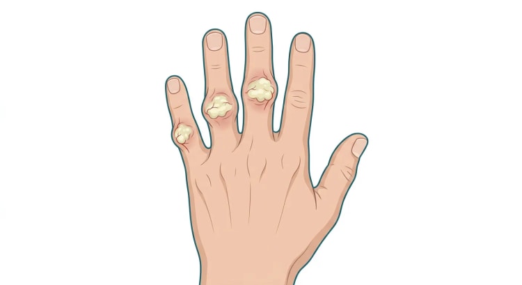 Linke Hand von dorsal mit knotigen, gelblich-weißen Tophi über den Mittelgelenken dreier Finger bei chronischer tophöser Gicht.
