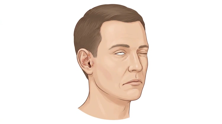 Gezeichneter Kopf im Halbprofil mit dem rechten Ohr zum Betrachter gewandt. In der Concha und entlang der Anthelix sitzen gruppierte kleine Bläschen, einige mit gelben Krusten. Das rechte Auge ist trotz Versuch des Lidschlusses offen und der Bulbus ist nach oben gedreht, sodass fast nur die Sklera sichtbar ist, während das linke Auge vollständig geschlossen ist.