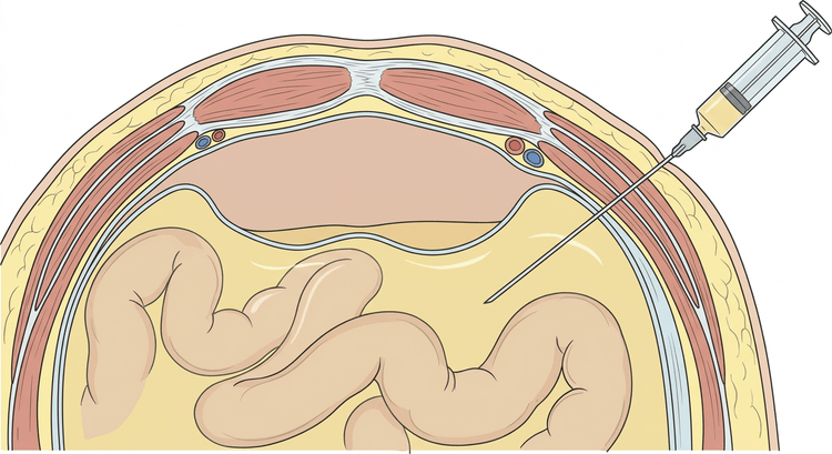 Querschnitt durch die untere Bauchwand mit den Rektusmuskeln in der Mitte, den epigastrischen Gefäßen entlang ihrer lateralen Ränder und einer Punktionsnadel, die lateral der Rektusscheide durch die flachen Bauchwandmuskeln in die Aszitesflüssigkeit vorgeschoben wird