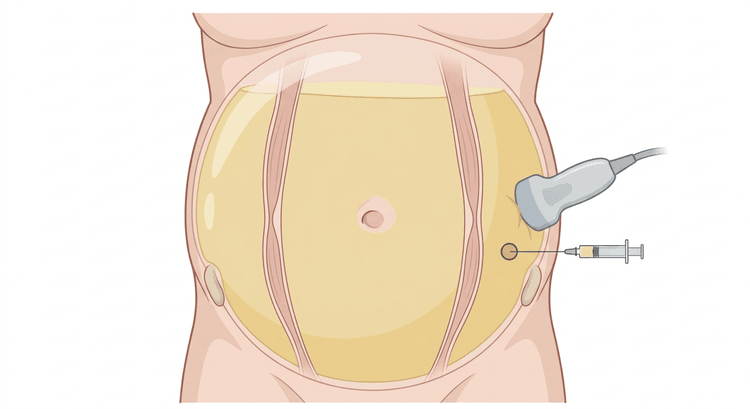 Vorgewölbtes Abdomen von vorn mit sichtbarem Nabel, lateralen Rändern der Rektusmuskeln und Darmbeinstacheln sowie einer markierten Punktionsstelle im linken Unterbauch, an der Schallkopf und Nadel anliegen
