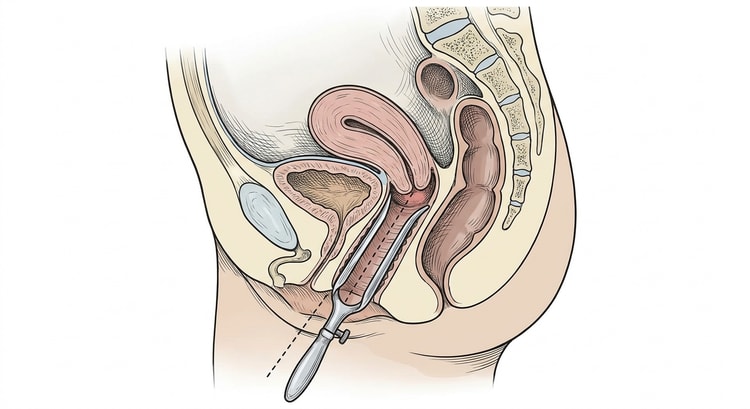 Sagittalschnitt durch das weibliche Becken mit in die Vagina eingeführtem Spekulum und zwischen den Blättern sichtbarer Portio