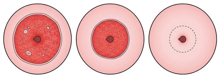 Drei Ansichten der Portio von vorn, bei denen die Grenze zwischen Platten- und Zylinderepithel mit steigendem Alter immer näher an der Mündung des Zervikalkanals liegt