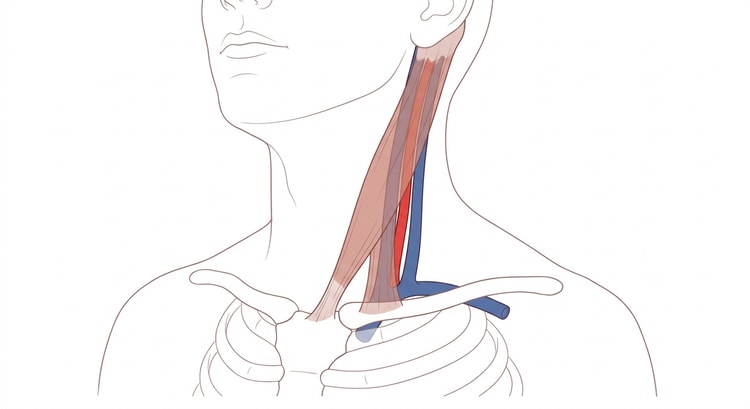 Anatomie des Halses von vorn mit den beiden Muskelköpfen des M. sternocleidomastoideus und den Gefäßen der Karotisscheide