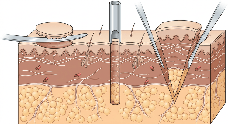 Querschnitt durch die Haut, in dem Shave-, Stanz- und Exzisionsbiopsie nebeneinander mit unterschiedlicher Tiefe in Epidermis, Dermis und Subkutis dargestellt sind