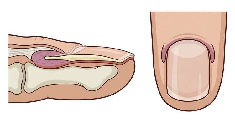 Das Nagelorgan im Längsschnitt neben demselben Nagel von oben, mit der Matrix proximal unter dem Nagelwall und den Matrixhörnern in den proximalen Ecken