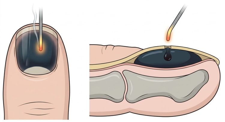 Fingerkuppe mit dunklem subungualem Hämatom und einer Kauterspitze über der Nagelmitte sowie ein Querschnitt, der das Loch durch die Nagelplatte und das ablaufende Blut zeigt