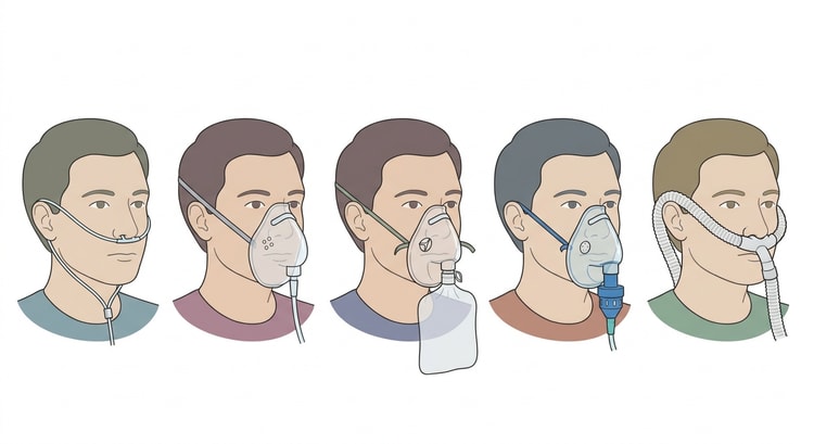 Fünf Porträts desselben Patienten in Reihe mit verschiedenen Sauerstoffsystemen: Nasenbrille, einfache Gesichtsmaske, Maske mit Reservoirbeutel, Venturimaske mit Ventilaufsatz und High-Flow-Nasenbrille mit dickem Schlauch
