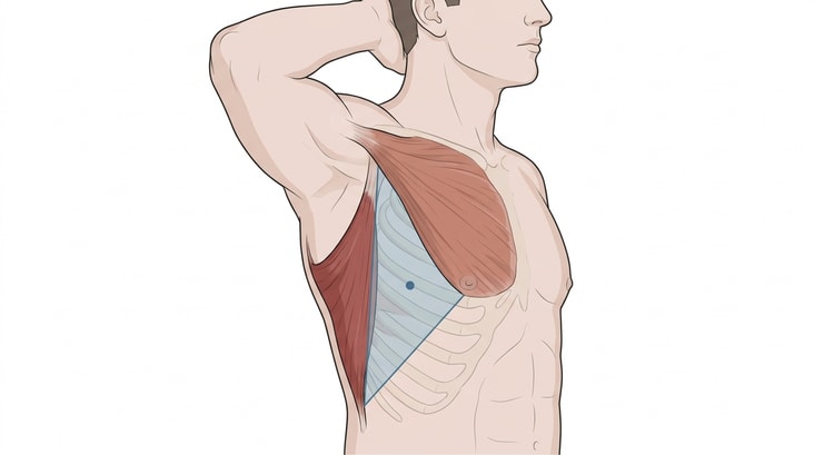 Seitenansicht des Thorax eines Patienten mit dem Arm hinter dem Kopf, mit einem markierten dreieckigen Areal an der lateralen Thoraxwand zwischen dem Brustmuskel vorn und dem Latissimus hinten