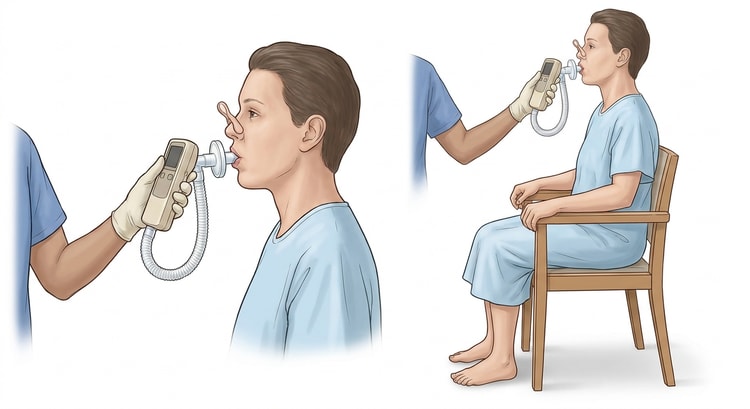 Patient aufrecht auf einem Stuhl sitzend mit Nasenklammer und um das Mundstück des Spirometers geschlossenen Lippen sowie eine Nahaufnahme des Mundstücks