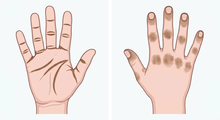 Rechte Hand von palmar mit braun pigmentierten Beugefalten und von dorsal mit brauner Pigmentierung über den Knöcheln und um die Nagelfalze.