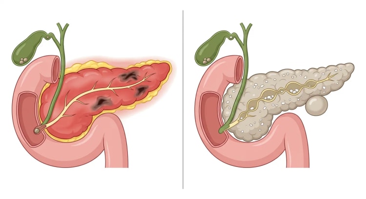 Zwei Darstellungen des Pankreas nebeneinander. Links ein geschwollenes, gerötetes Pankreas mit nekrotischen Arealen, entzündetem umgebendem Fettgewebe und einem Gallenstein in der Papille. Rechts ein blasses, fibrotisches Pankreas mit Verkalkungen, einem erweiterten, perlschnurartigen Pankreasgang mit Steinen und einer Pseudozyste.