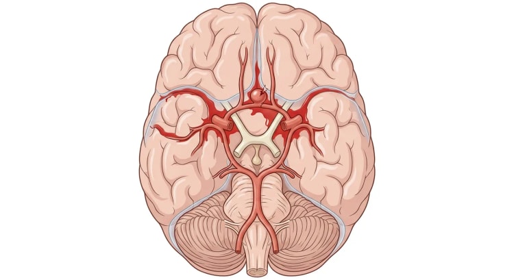 Hirnbasis mit Circulus arteriosus Willisii und einem rupturierten sakkulären Aneurysma der Arteria communicans anterior. Blut hat sich in den basalen Zisternen und den lateralen Fissuren ausgebreitet.