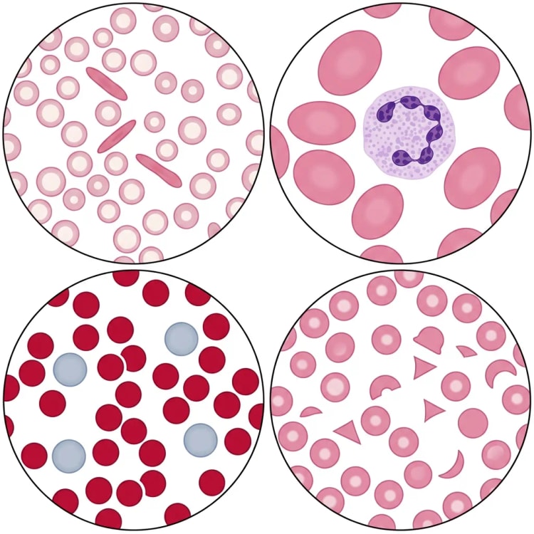 Vier mikroskopische Blutausstriche: hypochrome Mikrozyten mit Bleistiftzellen, Makroovalozyten mit hypersegmentiertem Neutrophilen, Sphärozyten mit polychromatischen Erythrozyten sowie Schistozyten zwischen normalen Erythrozyten.