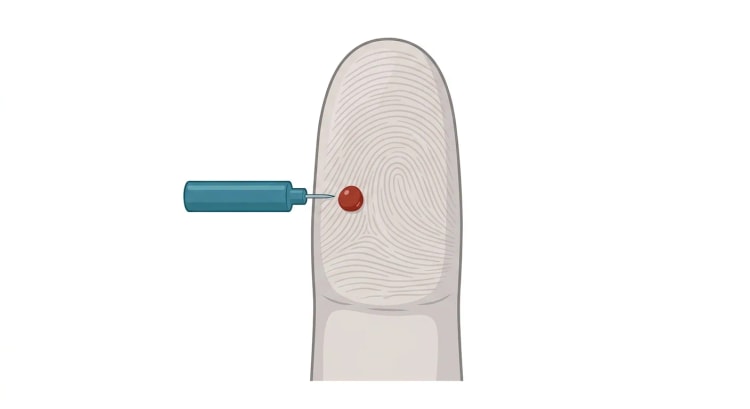 Fingerkuppe in Frontalansicht mit der Fingerbeere zum Betrachter. Eine Lanzette wird am lateralen Anteil der Fingerbeere, seitlich der Mitte, angesetzt, und an derselben Stelle hat sich ein kleiner Blutstropfen gebildet.