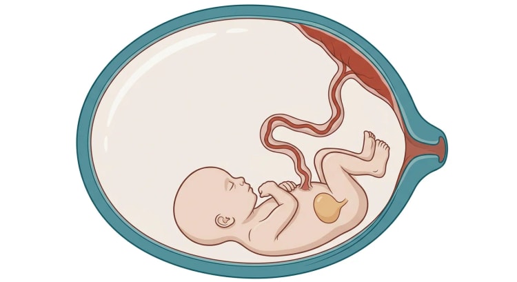 Sagittale Illustration eines stark überdehnten Uterus, in dessen unterem Teil ein kleiner Fetus liegt, umgeben von einer sehr großen Fruchtwassermenge, mit der Plazenta an der oberen Wand und einer runden gefüllten Harnblase im fetalen Unterbauch.