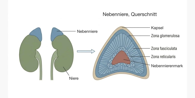 Die Nebennieren als keilförmige Organe auf den oberen Nierenpolen sowie ein Querschnitt durch die Nebenniere mit Kapsel, drei Rindenzonen und zentralem Mark.