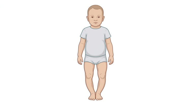 Gezeichnetes Kleinkind in grauem T-Shirt und Shorts, frontal stehend, mit aneinanderliegenden Sprunggelenken und nach außen gebogenen Beinen, sodass zwischen den Knien ein deutlicher Abstand besteht.