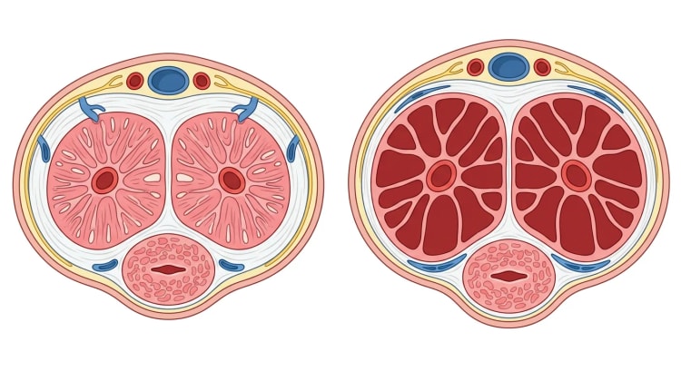 Querschnitt des Penis im schlaffen und erigierten Zustand mit Schwellkörpern, kavernösen Arterien, Sinusoiden und subtunikalen Venen.