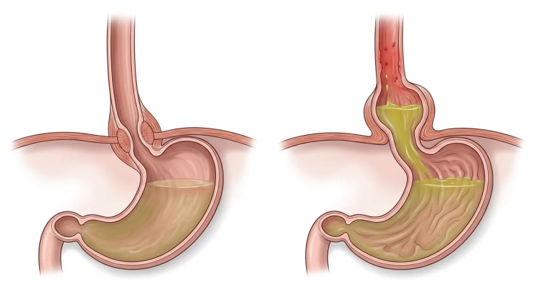 Zwei Schnittbilder des ösophagogastralen Übergangs: links normale Anatomie mit dem unteren Ösophagussphinkter auf Höhe des Zwerchfells, rechts eine axiale Gleithernie mit saurem Reflux in einen entzündeten distalen Ösophagus.