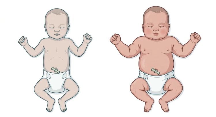 Zwei Neugeborene in Rückenlage nebeneinander: links ein normal proportioniertes Kind, rechts ein makrosomes Kind mit breiten Schultern, rundem Rumpf und Abdomen, rundem Gesicht und Fettfalten an Armen und Oberschenkeln.
