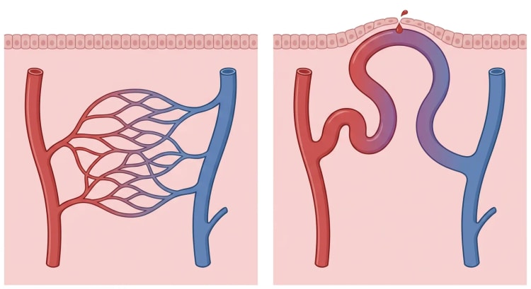 Zwei Schnitte durch Schleimhaut. Links sind eine Arteriole und eine Venole durch ein feines Kapillarnetz verbunden. Rechts geht die Arteriole direkt in ein erweitertes, geschlängeltes Gefäß über, das an die Venole anschließt und durch ein verdünntes Epithel blutet.