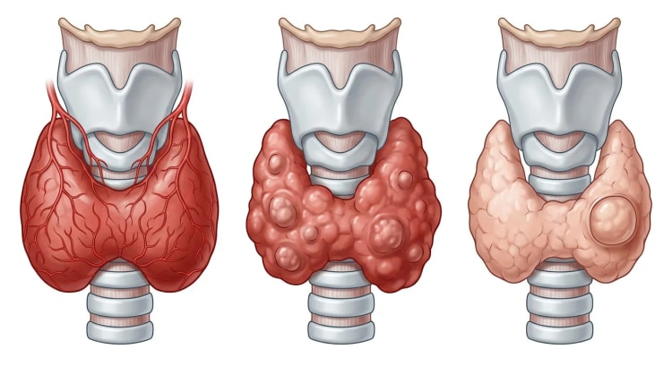 Drei Frontalansichten der Schilddrüse auf der Trachea unterhalb des Kehlkopfs: eine diffus vergrößerte, stark vaskularisierte Drüse, eine vergrößerte knotige Drüse mit mehreren Knoten und eine Drüse mit einem solitären abgekapselten Knoten.