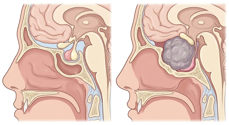 Zwei Sagittalschnitte durch die Sella turcica: links normale Hypophyse mit Vorder- und Hinterlappen, Hypophysenstiel und darüberliegendem Chiasma, rechts ein großes Hypophysenadenom, das die Sella erweitert und das Chiasma nach oben drückt.