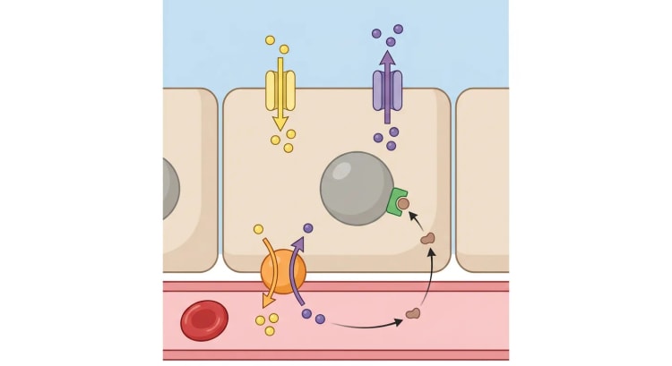 Schematische Darstellung einer Hauptzelle im Sammelrohr zwischen Tubuluslumen und peritubulärer Kapillare, mit Natrium- und Kaliumkanälen in der apikalen Membran, Na-K-ATPase basolateral und Aldosteron, das an einen Rezeptor in der Zelle bindet.
