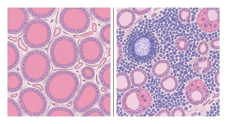 Illustration von normalem Schilddrüsengewebe neben Gewebe bei Hashimoto-Thyreoiditis mit dichter lymphozytärer Infiltration und wenigen, kleinen Follikeln.