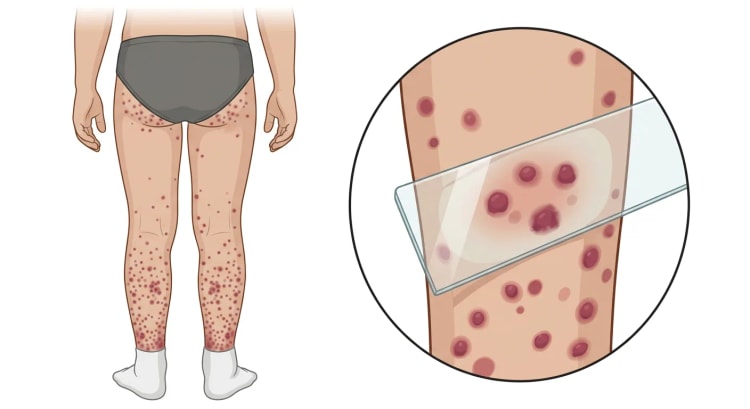 Kind von hinten mit symmetrischer palpabler Purpura an Unterschenkeln und Gesäß sowie vergrößertem Ausschnitt, in dem ein Glasspateltest zeigt, dass die Läsionen nicht abblassen.