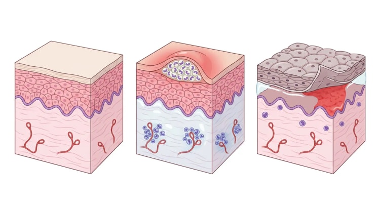 Drei Hautblöcke im Querschnitt: normale Haut, eine subkorneale Pustel mit Neutrophilen und ödematöser Dermis sowie nekrotische Epidermis, die sich von der Dermis abgelöst hat.