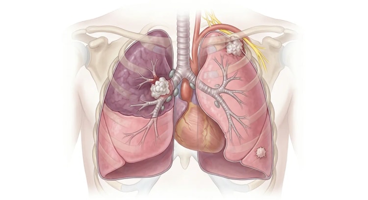 Lungen von vorn mit einem zentralen Tumor am rechten Hilus, einem dunklen, luftleeren rechten Oberlappen, vergrößerten Lymphknoten an Hilus und Carina, einem kleinen spikulierten peripheren Rundherd im linken Unterlappen und einem apikalen Tumor in der linken Lungenspitze nahe dem Plexus brachialis.