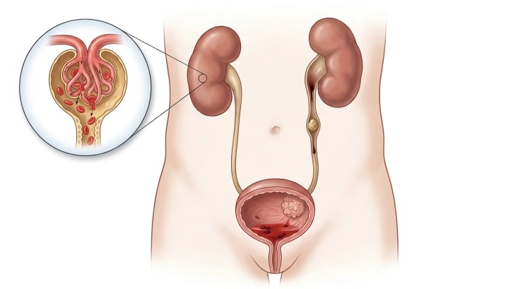 Harnwege von vorn mit beiden Nieren, den Ureteren und einer eröffneten Harnblase. Eine Vergrößerung zeigt einen Glomerulus, aus dem Erythrozyten austreten, ein Konkrement sitzt in einem Ureter, und ein papillärer Tumor mit Blut und Koageln ist in der Harnblase zu sehen.