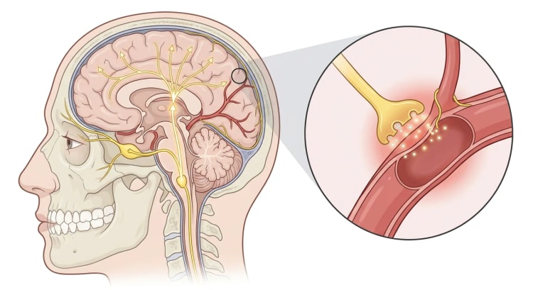 Kopf in Seitenansicht mit dem Ganglion trigeminale, der Schmerzbahn vom Hirnstamm und oberen Halsmark zum Thalamus und zur Hirnrinde sowie der Vergrößerung einer Nervenendigung, die CGRP an ein erweitertes Gefäß freisetzt.