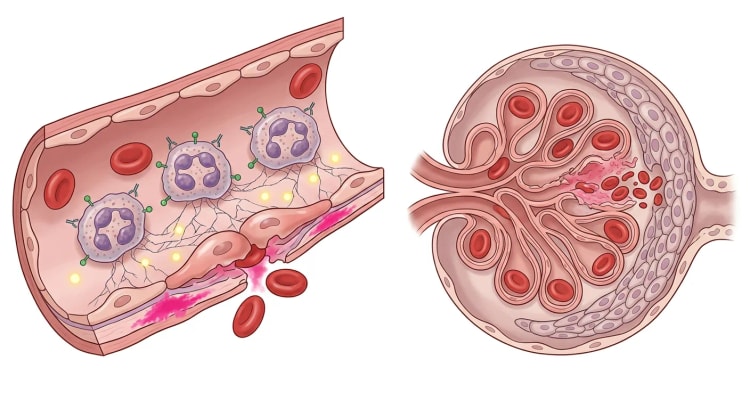 Illustration eines kleinen Blutgefäßes, in dem ANCA-gebundene neutrophile Granulozyten das Endothel schädigen, und daneben ein Glomerulus mit segmentaler Nekrose und Halbmondbildung.