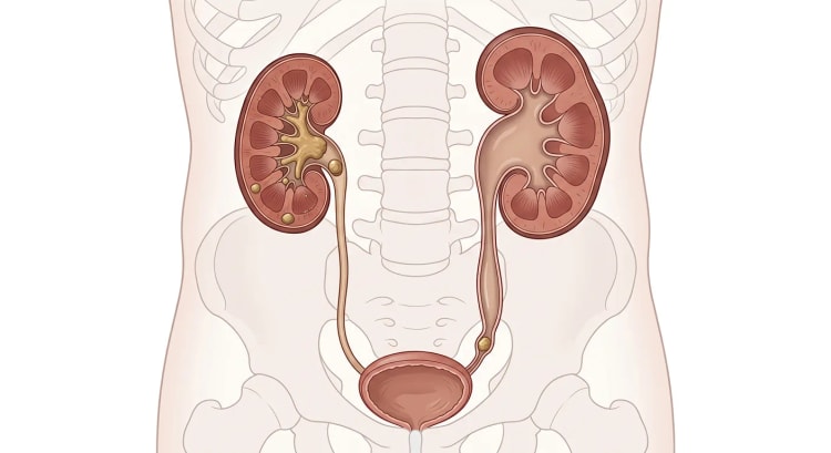 Harnwege von vorn mit einer Niere, die einen Ausgussstein und Kelchsteine enthält, und einer Niere mit Hydronephrose und erweitertem Ureter oberhalb eines distalen Uretersteins.