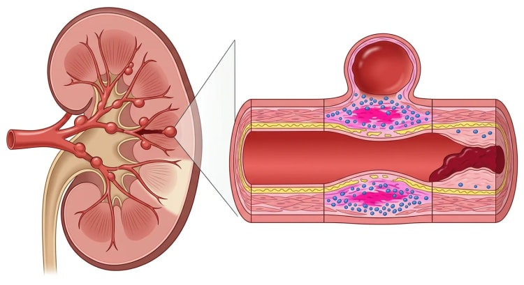 Niere im Schnitt mit perlschnurartigen Mikroaneurysmen an den Arterienästen, einem verschlossenen Ast und einem keilförmigen Infarkt sowie ein vergrößerter Längsschnitt einer mittelgroßen Arterie mit normalem Segment, entzündetem Segment mit Aneurysma und Segment mit Thrombose.