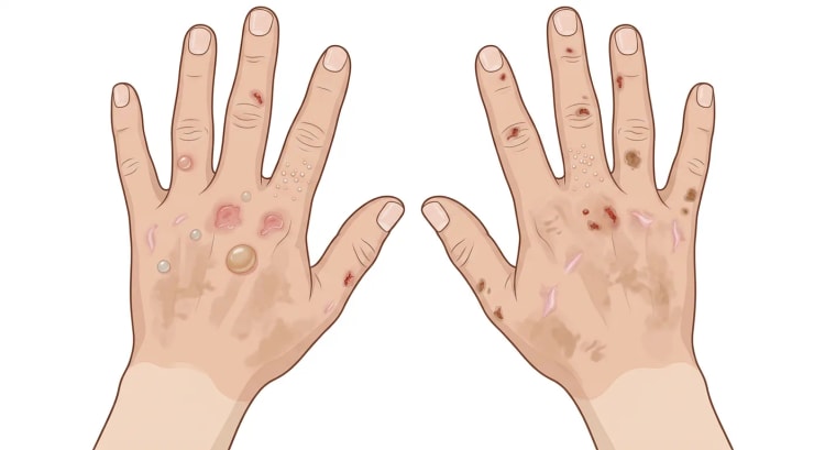 Beide Handrücken mit Blasen, Erosionen, Krusten, Milien, Narben und fleckiger Hyperpigmentierung bei Porphyria cutanea tarda.