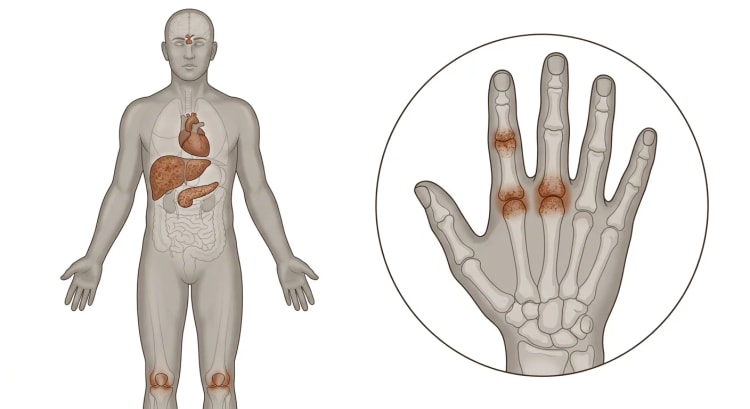 Durchsichtiger menschlicher Körper von vorn, bei dem Leber, Pankreas, Herz, Hypophyse und Kniegelenke durch Eisenablagerung rostbraun sind, sowie eine vergrößerte Hand, an der die Metakarpophalangealgelenke II und III markiert sind.
