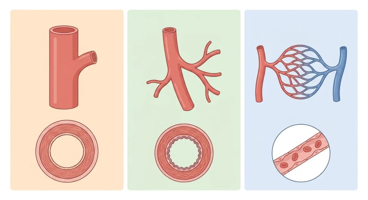 Drei Felder mit Gefäßen abnehmender Größe: Aorta mit abgehendem Ast, mittelgroße muskuläre Arterie mit Verzweigungen und ein Kapillarnetz zwischen Arteriole und Venole, jeweils mit einem Querschnitt der Gefäßwand.