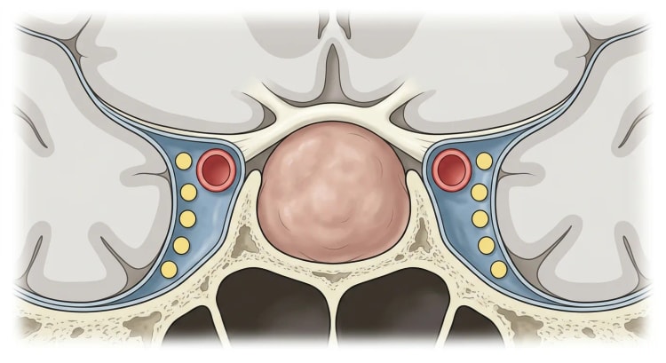 Koronaler Schnitt durch die Sella turcica mit einem Makroprolaktinom, das suprasellär wächst und das Chiasma opticum nach oben drückt, mit Sinus cavernosus beidseits.