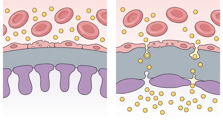 Schematischer Vergleich einer gesunden und einer geschädigten glomerulären Filtrationsbarriere, wobei Albumin über die geschädigte Barriere austritt.