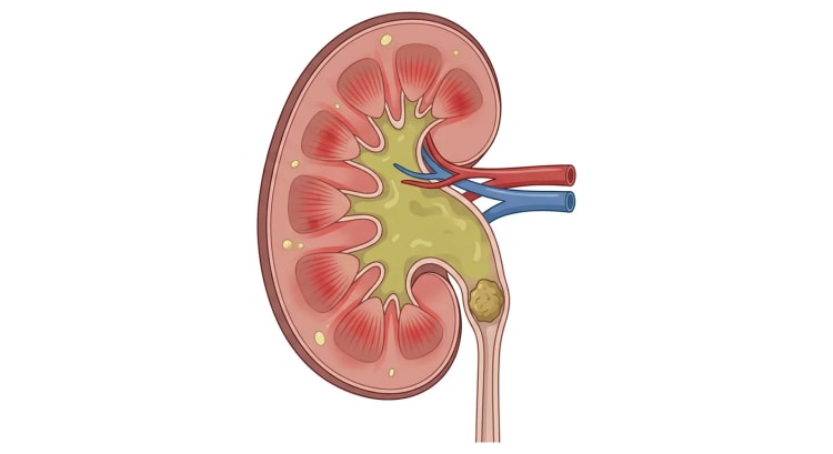 Aufgeschnittene Niere mit einem Stein im oberen Ureter, der den Abfluss blockiert. Nierenbecken und Nierenkelche sind erweitert und mit trübem, purulentem Urin gefüllt, und das Nierenparenchym ist entzündet mit kleinen Abszessen.