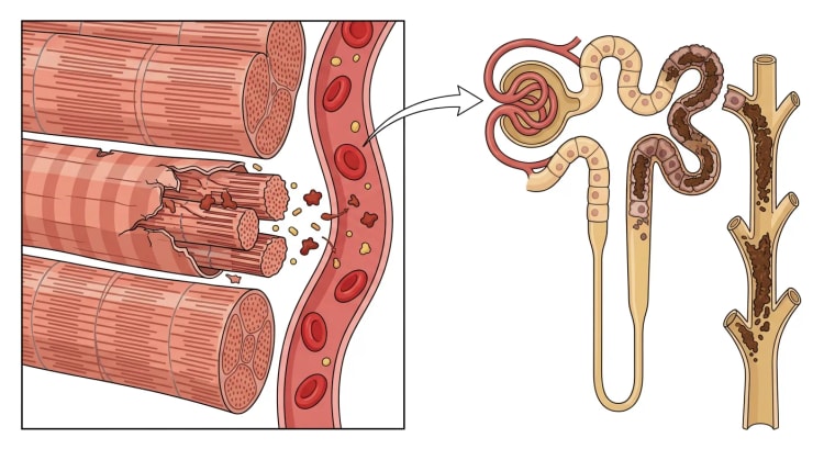 Zerfallene quergestreifte Muskelfaser, die Myoglobin in eine Kapillare freisetzt, sowie ein Nephron mit braunen Pigmentzylindern in den distalen Tubuli und Sammelrohren.