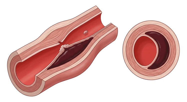 Arterie im Längs- und Querschnitt mit Intimaläsion, intramuralem Hämatom in der Gefäßwand, eingeengtem Lumen, Thrombus an der Intimaläsion und einem Embolus stromabwärts.
