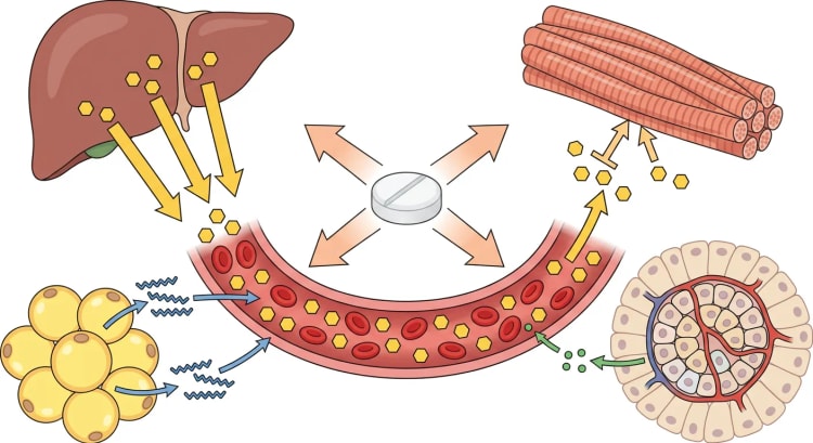 Schematische Darstellung, wie eine Glukokortikoidtablette Leber, Skelettmuskel, Fettgewebe und Langerhans-Insel beeinflusst, sodass die Blutglukose ansteigt.