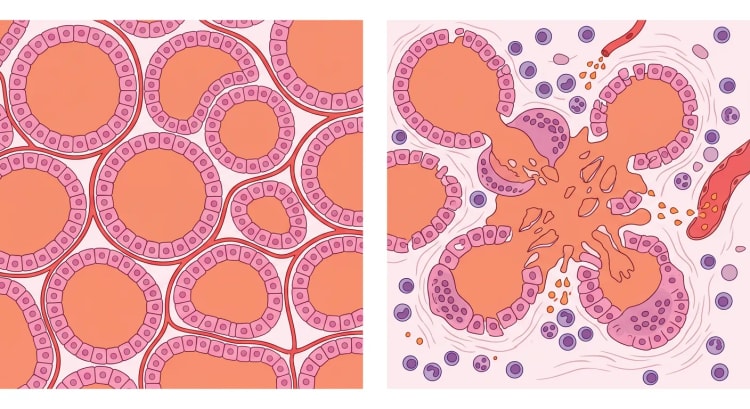 Schematischer histologischer Vergleich zwischen normalem Schilddrüsengewebe und Schilddrüsengewebe bei subakuter granulomatöser Thyreoiditis.