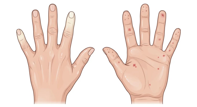 Illustration einer Hand bei systemischer Sklerose, von dorsal und palmar gesehen, mit Fingerkuppennarben, einem digitalen Ulkus, Teleangiektasien und weiß abgeblassten Fingern.