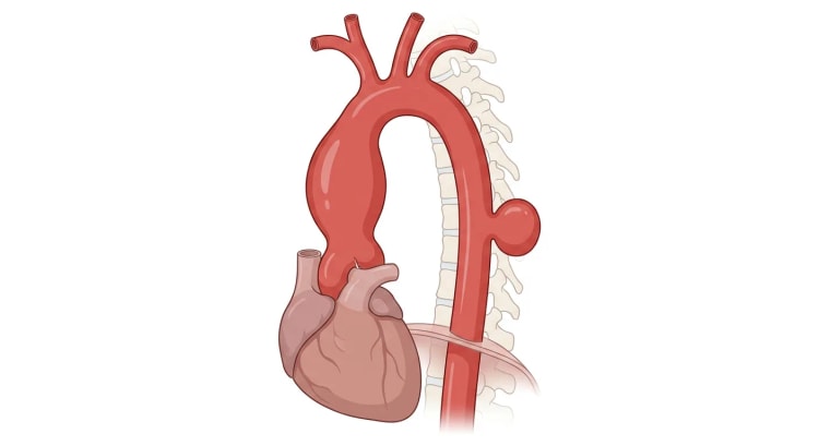 Thorakale Aorta von links gesehen mit fusiformem Aneurysma der Aorta ascendens und sakkulärem Aneurysma der Aorta descendens.